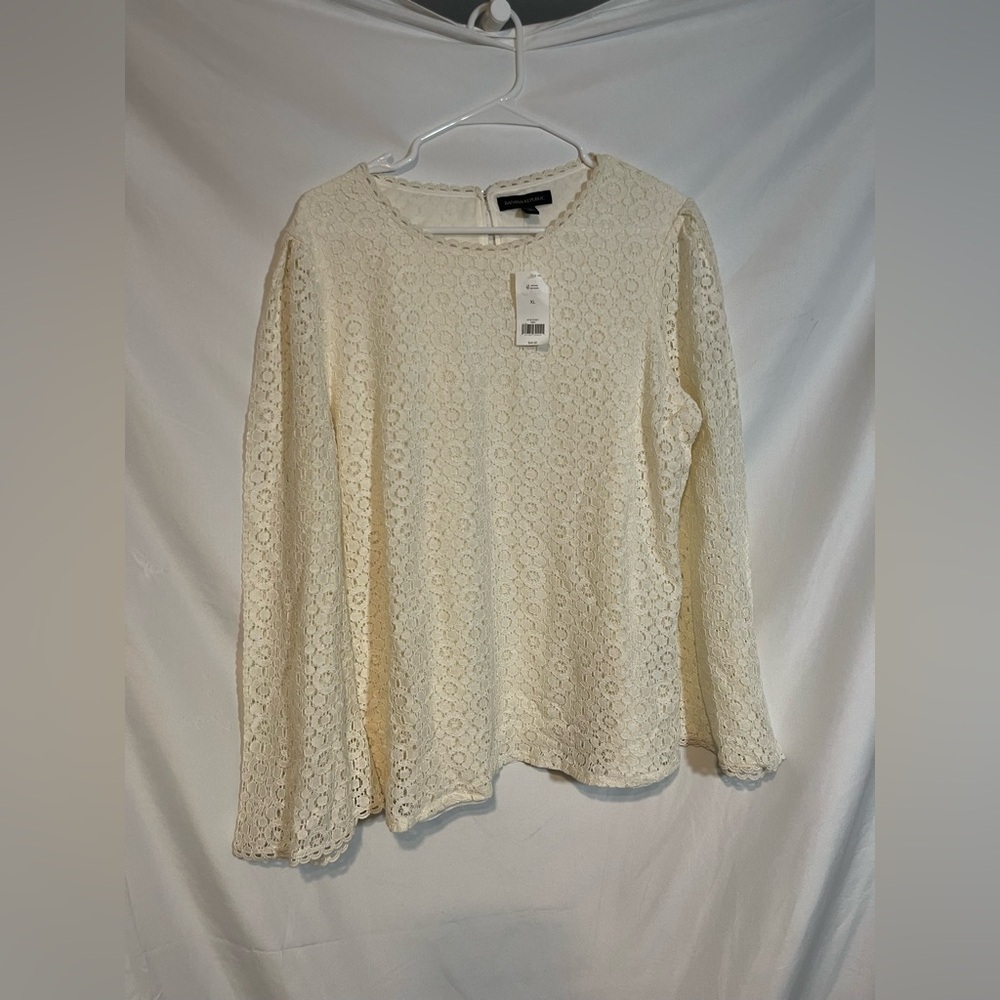 Banana Republic Top XL Cream Lace Blouse Bell Sleeve Boho NWT